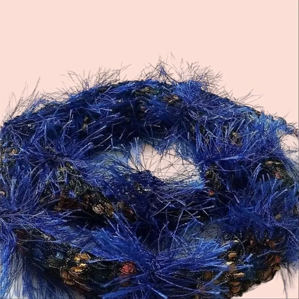 Hand-Knit Cobalt Blue Fringe Bead Embellished Tassel Skinny Scarf